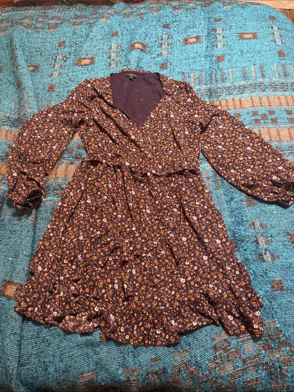 Current Air Brown Floral Wrap Dress with Multicolor Blooms